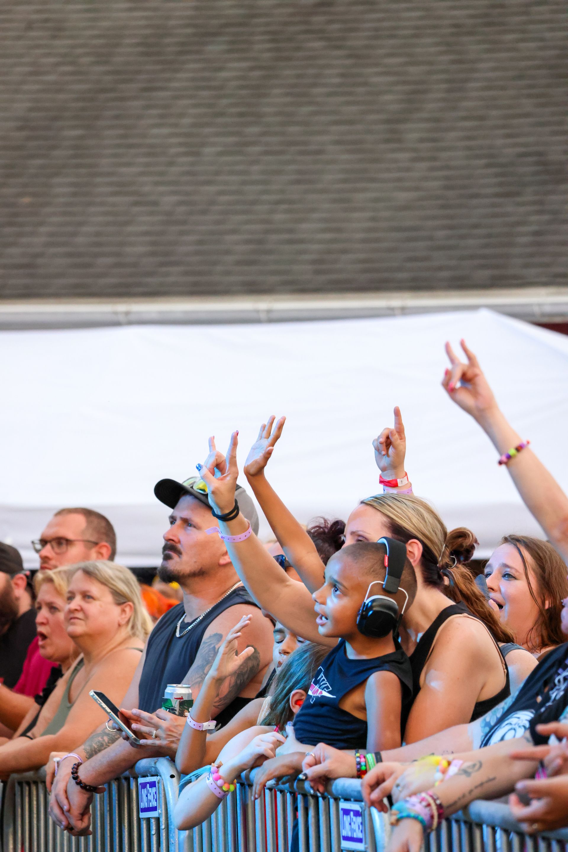 Crowd at a concert, raising hands in excitement. Building in the background.