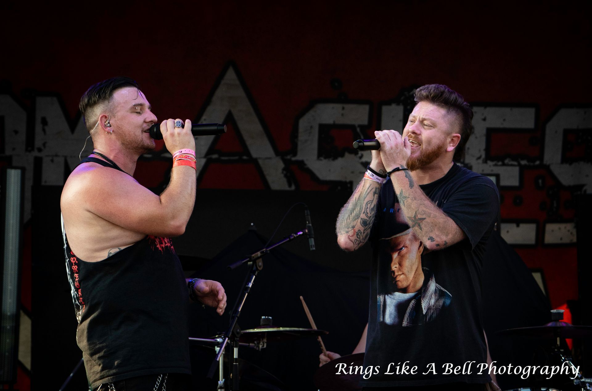 Two men singing into microphones on stage at a music festival.