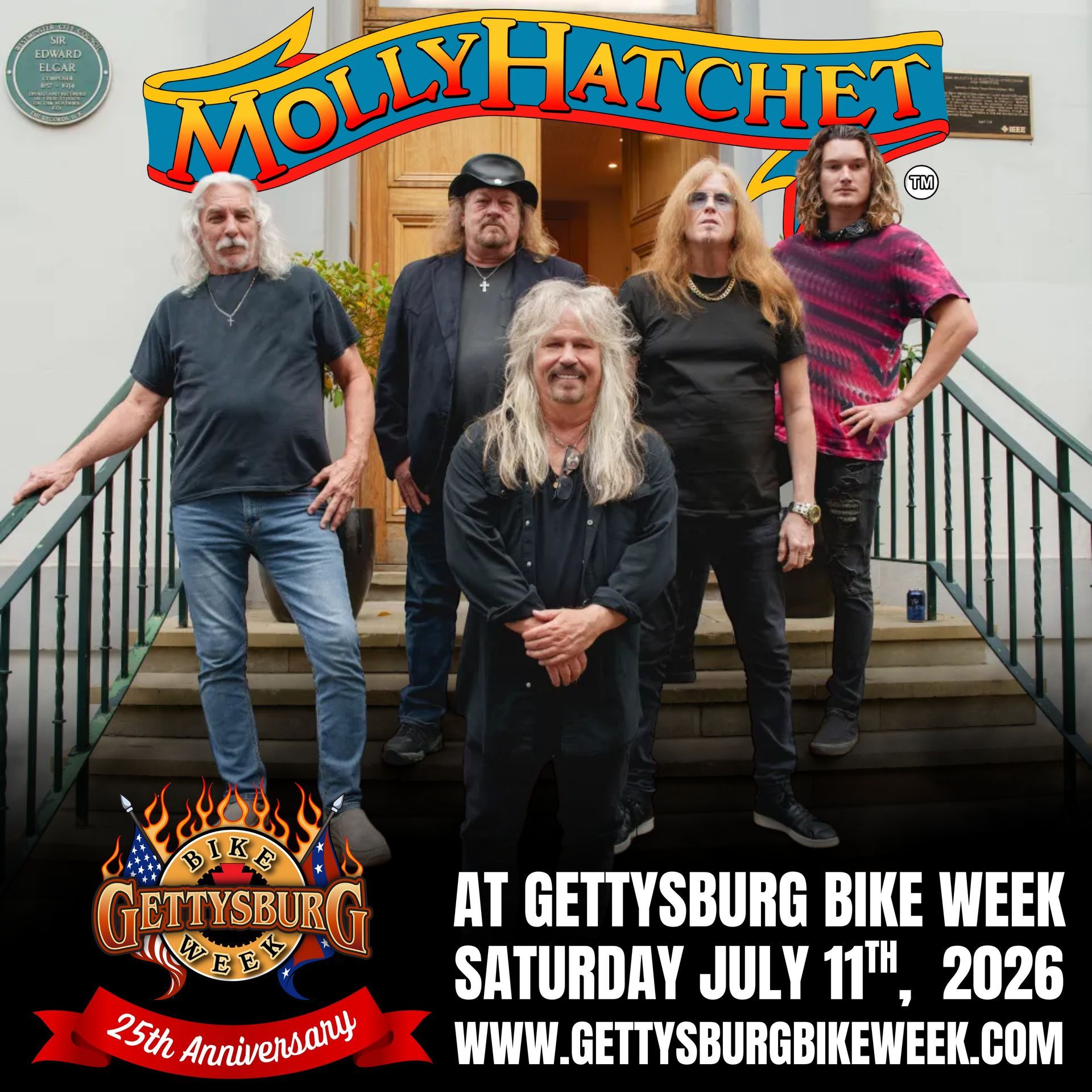 Molly Hatchet at Gettysburg Bike Week. Band poses outside. Text: