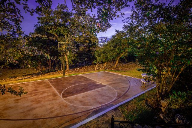 A basketball court in the middle of a park with trees in the background