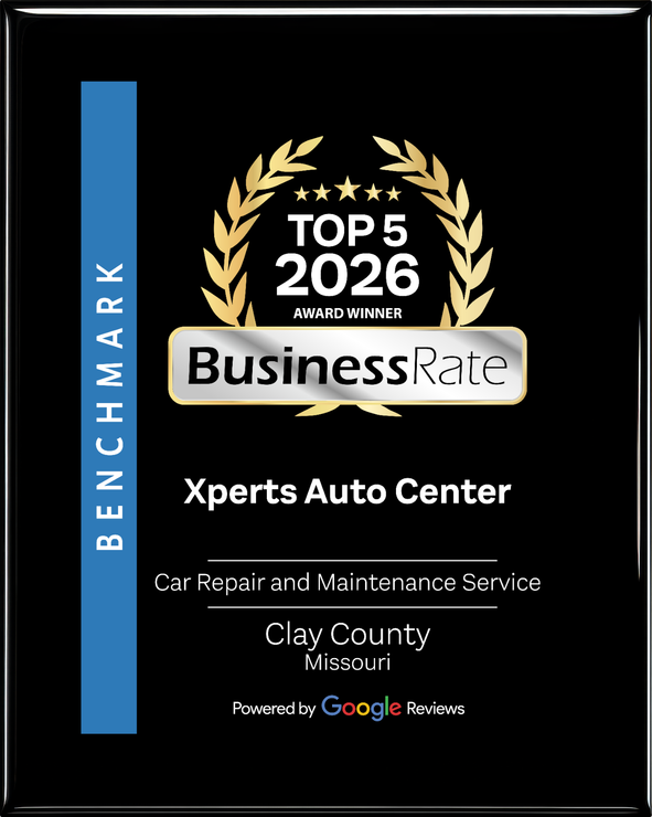 BusinessRate Top 5 2026 award for Xperts Auto Center, Clay County, Missouri, with Google Reviews branding