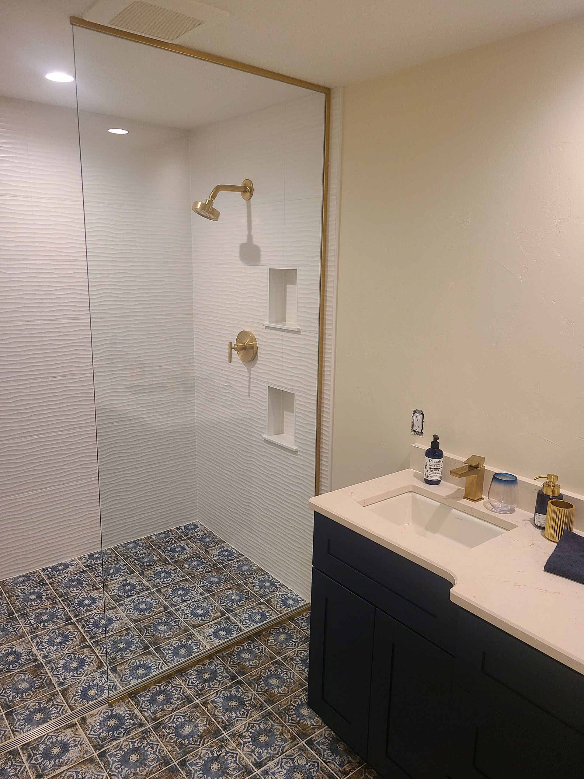 Just Panel (No Door) - A bathroom with a walk-in shower and a sink.