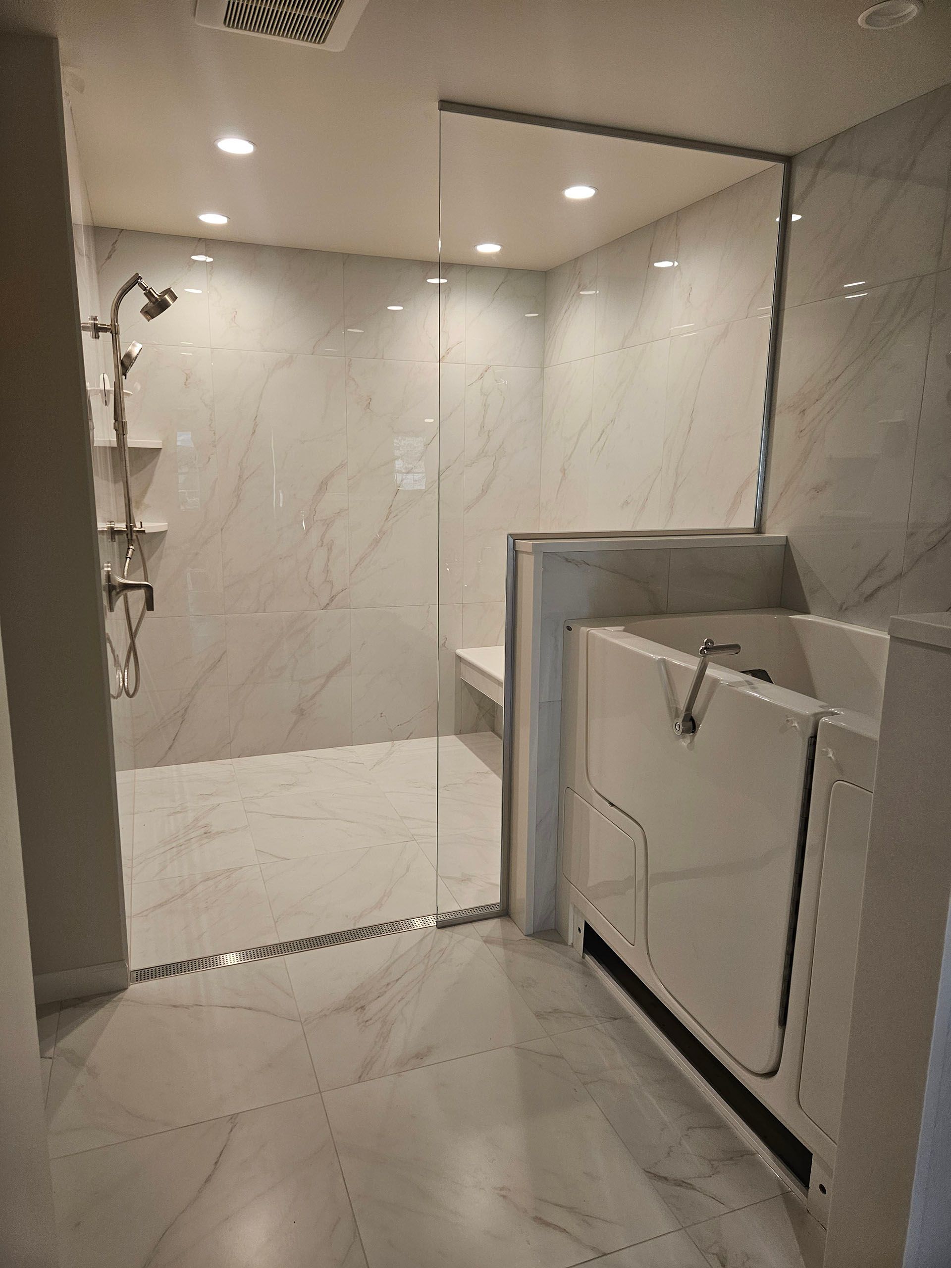 Just Panel (No Door) - A bathroom with a walk in shower and a bathtub.