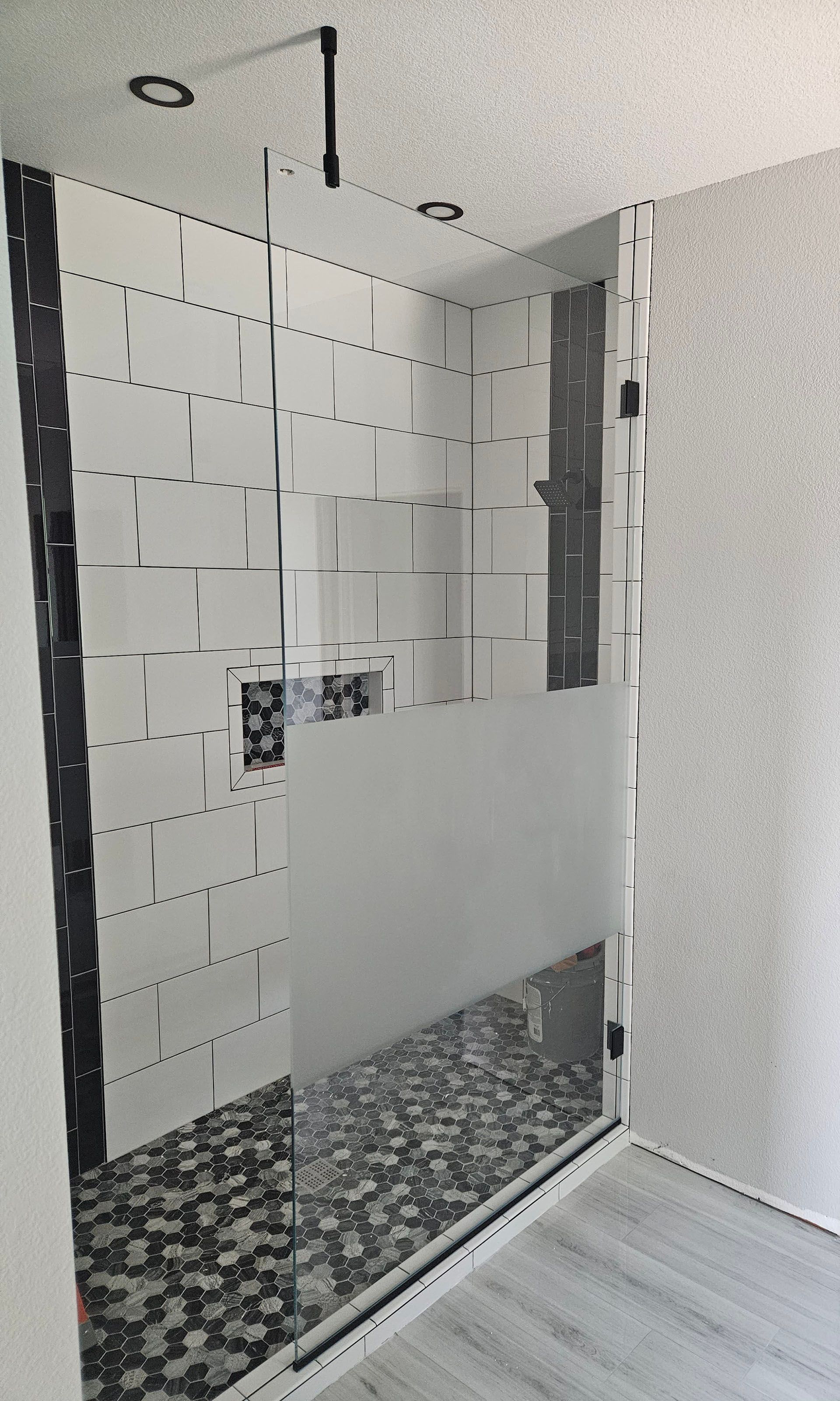 Just Panel (No Door) - A bathroom with a walk-in shower is under construction.