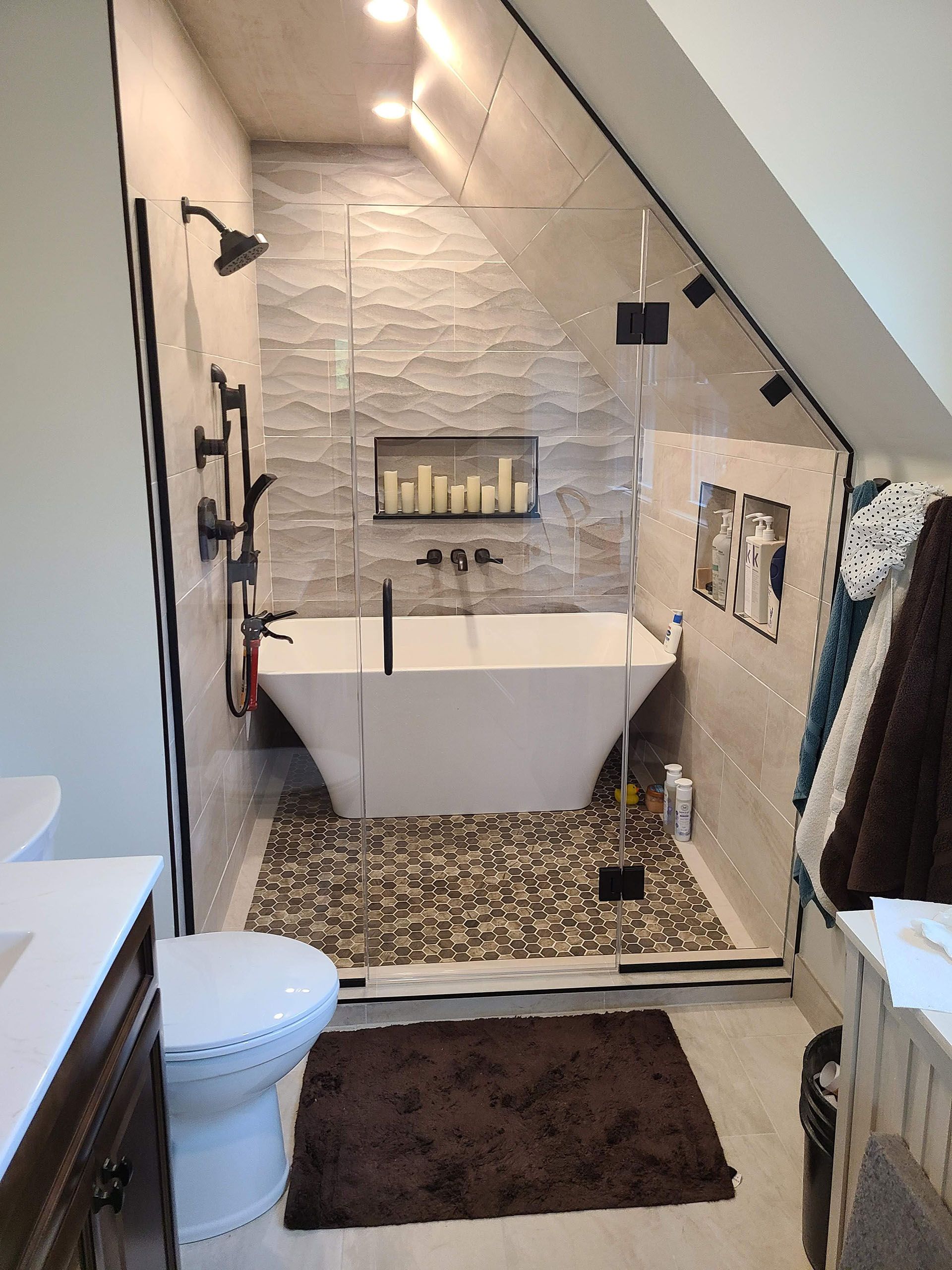 Multiple panels - A bathroom with a bathtub, toilet, sink, and shower.