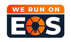 A logo that says we run on eos
