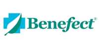 Logo for Benefect. A cross shape with a leaf. The text