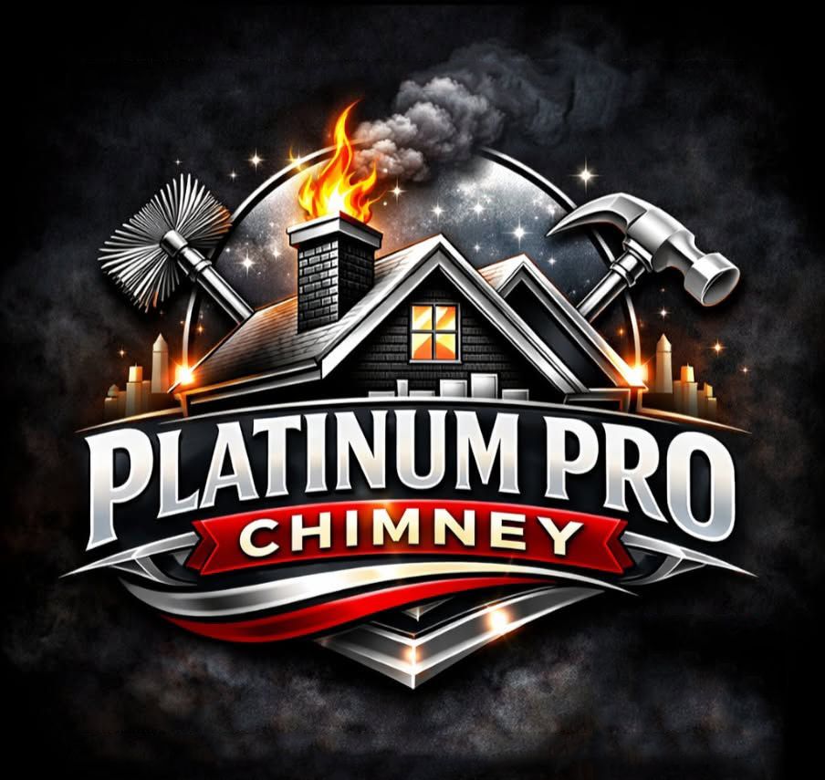 Platinum Pro Chimney logo with a house roof, smoky chimney, flames, and crossed chimney tools on a dark background