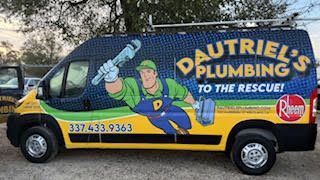 Branded blue-and-yellow Dautriel’s Plumbing service van parked outdoors, with cartoon plumber and phone number.