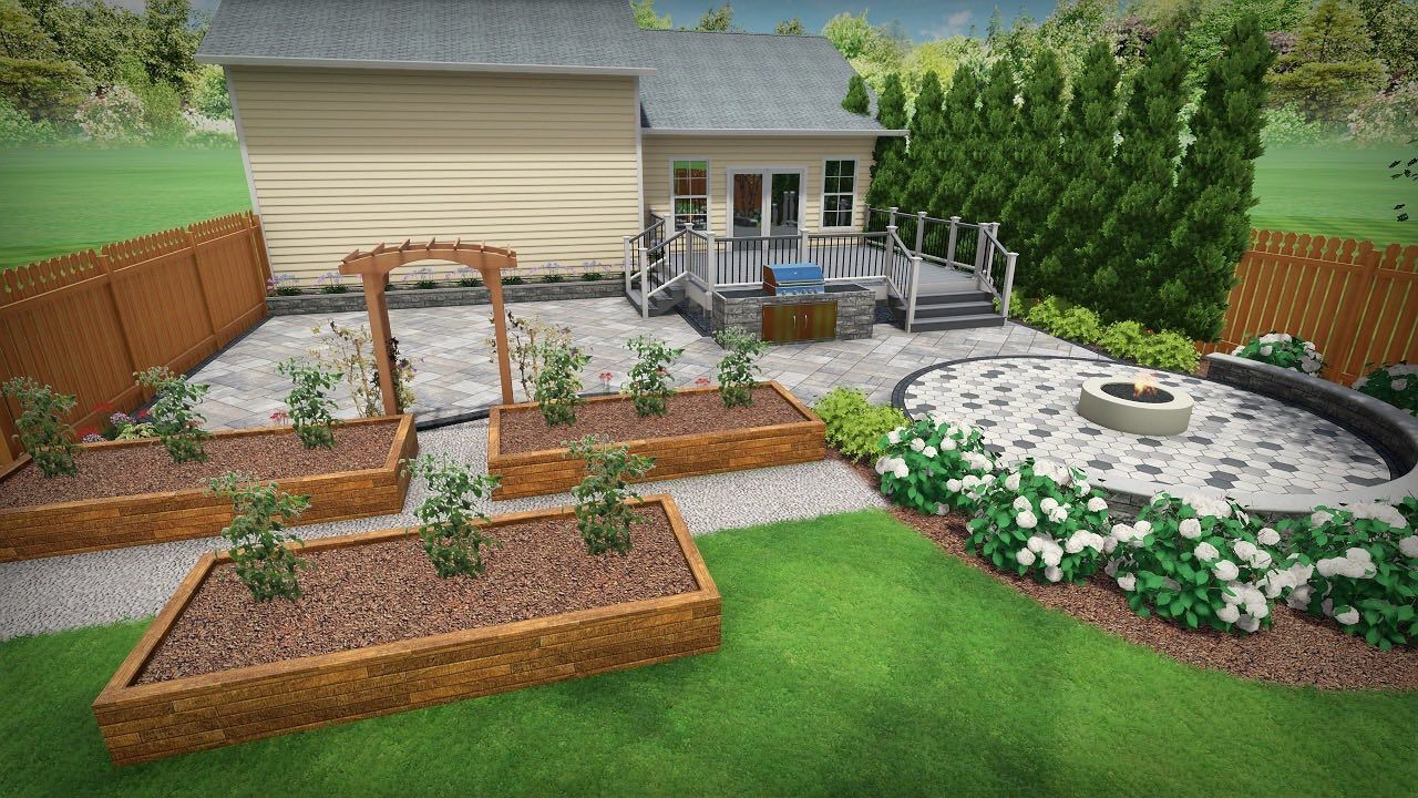 A digital landscape design of a backyard featuring raised garden beds, a stone patio, fire pit, and wood deck.