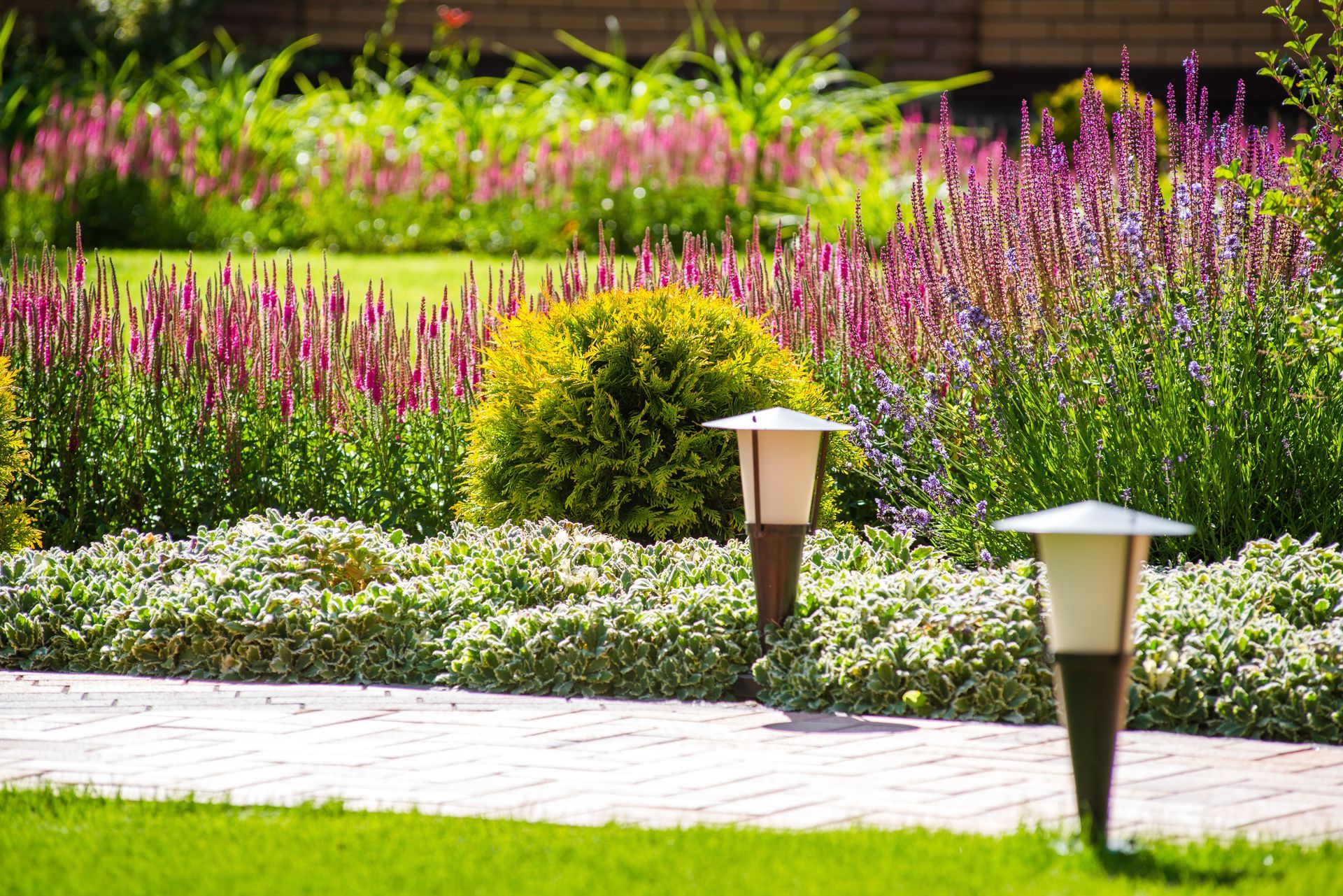 A paved garden path lined with two low-profile lights, surrounded by colorful flowers and a small evergreen shrub.