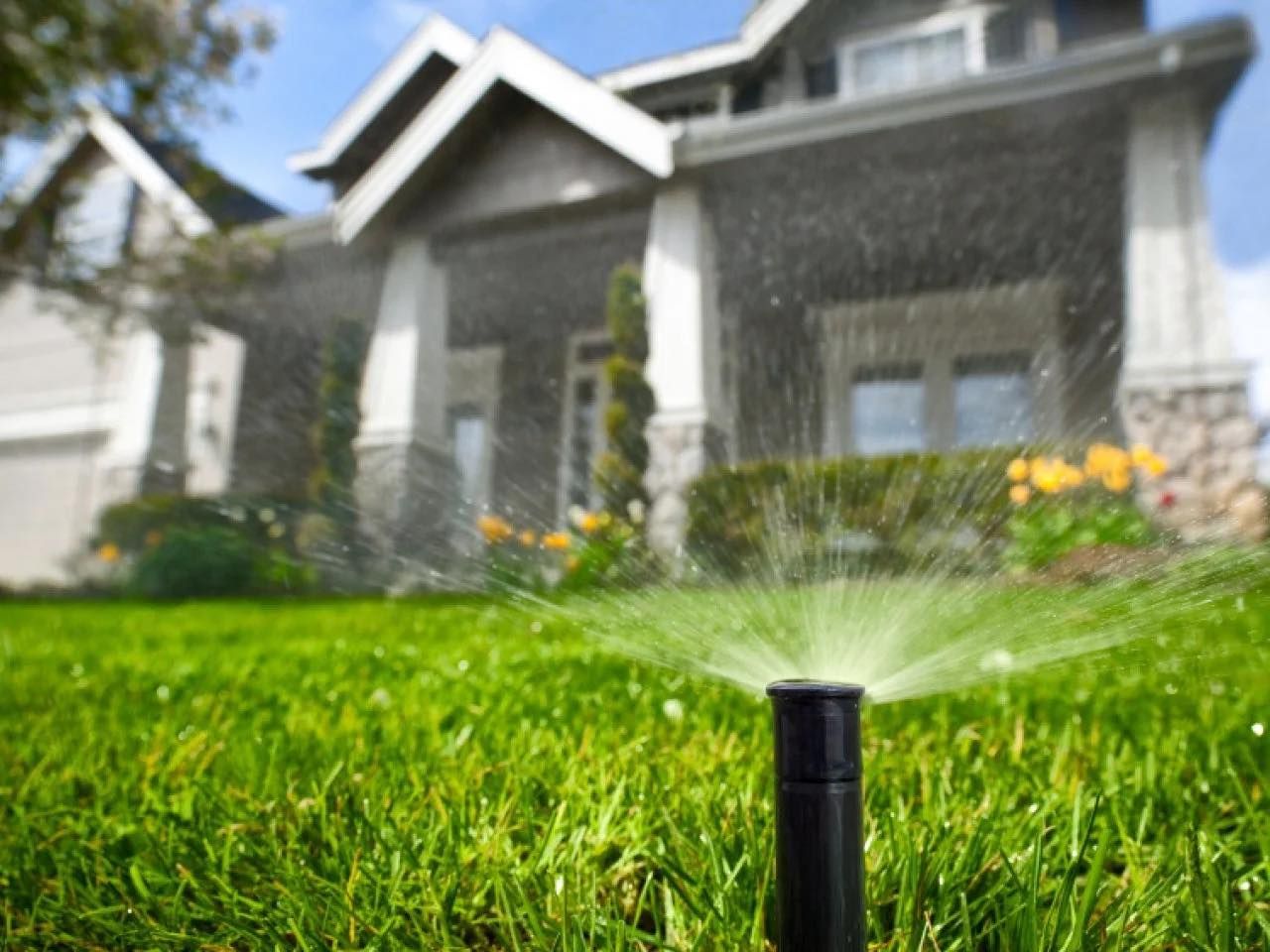 A sprinkler head spraying water over a green lawn in front of a house on a sunny day.