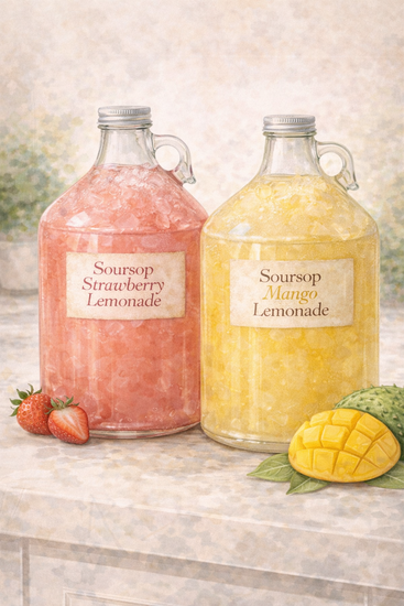 Learn More About Soursop Lemonade Tall glass of lemonade with lemon and lime garnish, straw, yellow pitcher in background