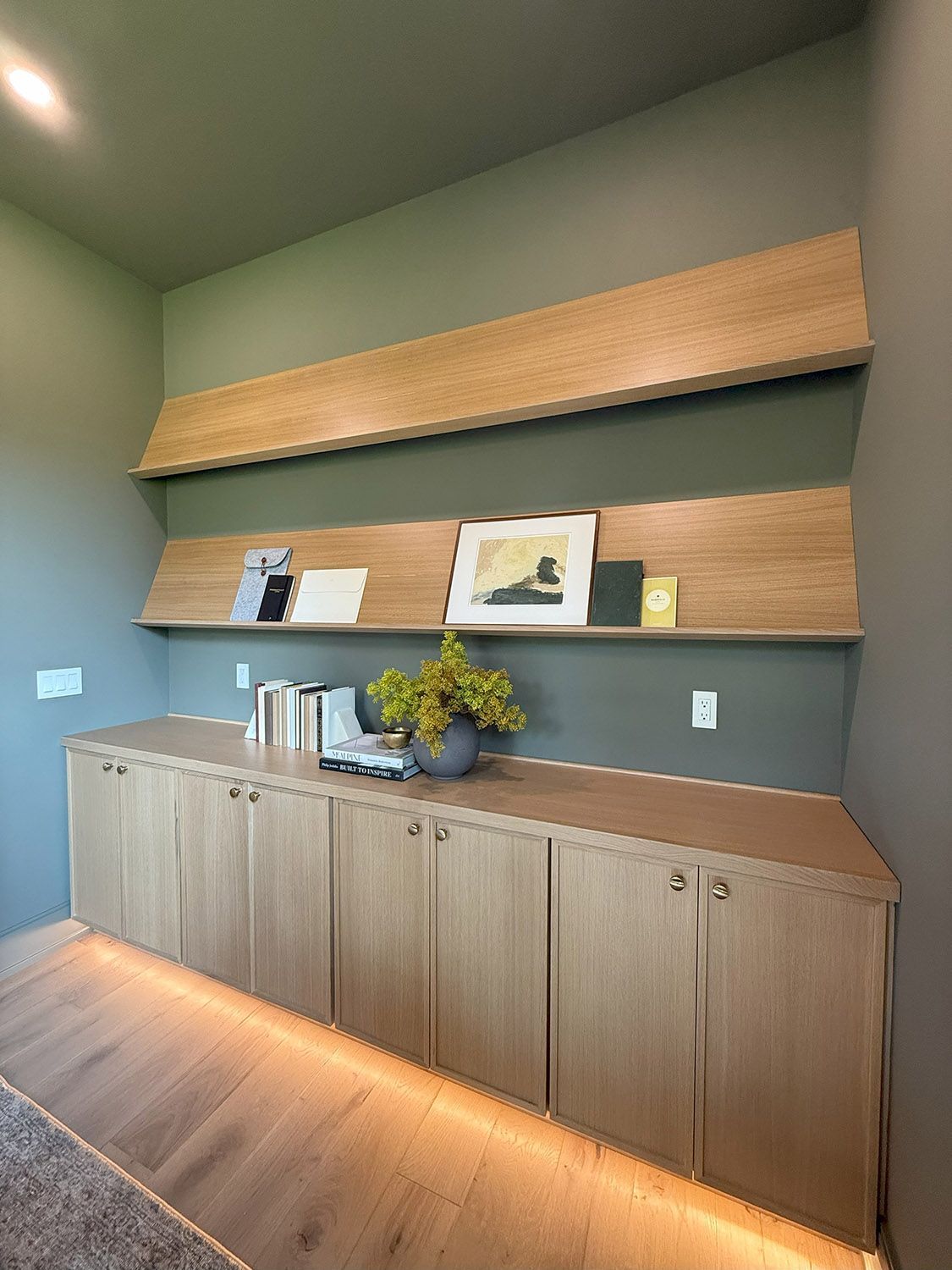 A room with wooden cabinets and a shelf with a plant on it.