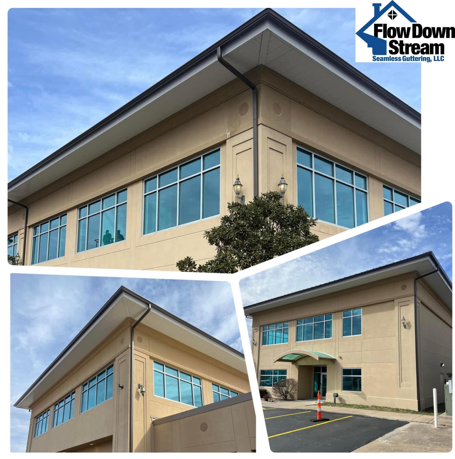 A collage showing a beige commercial building and its new black gutter systems from multiple angles.