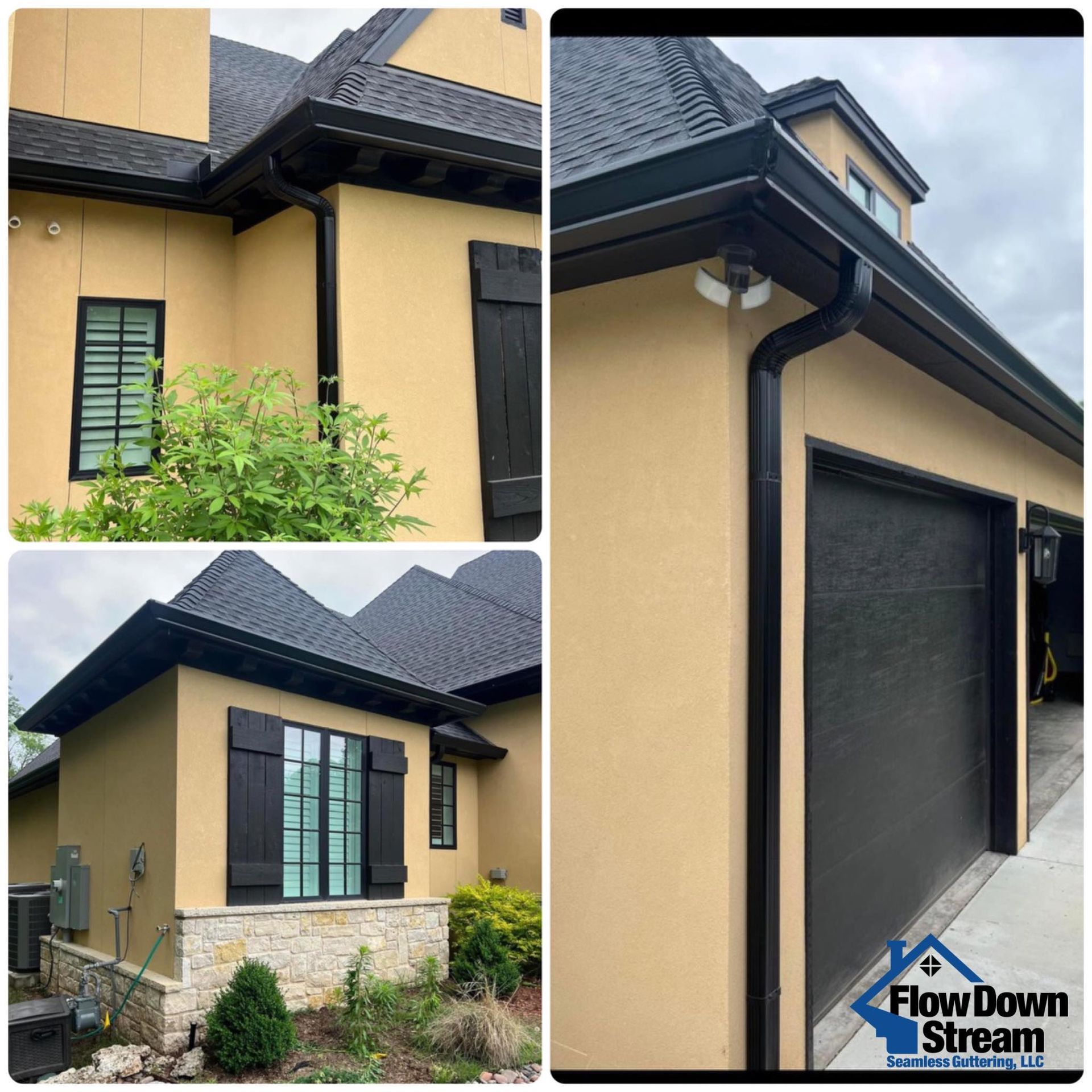 A collage showing dark-colored gutters and downspouts installed on a tan house with a dark roof and garage.