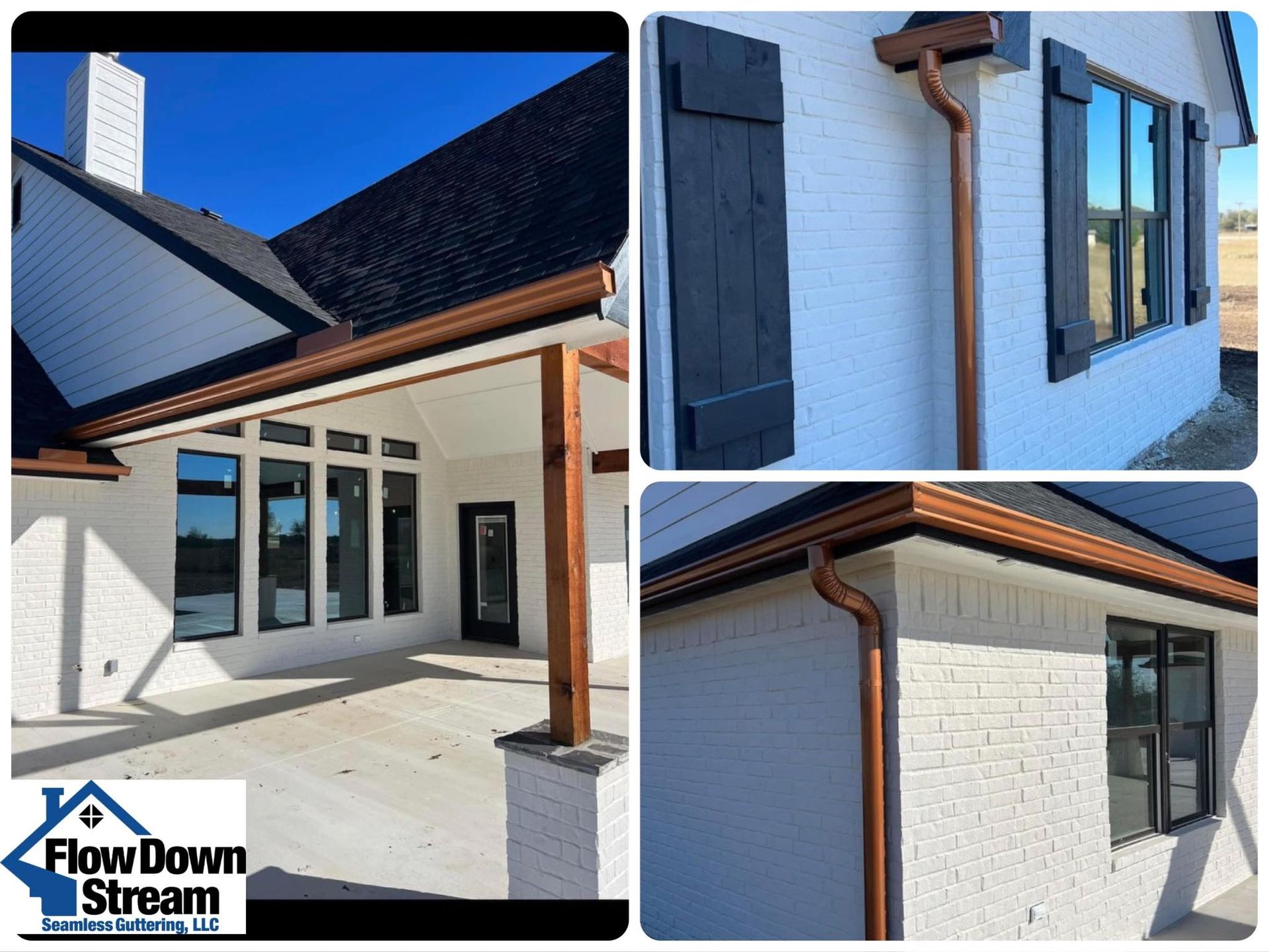 A collage showing a white brick house with copper-colored gutters, wood posts, and black shutters, featuring a logo.