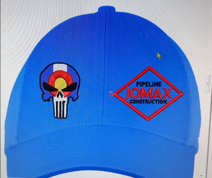 A blue hat with pipeline jomax construction written on it