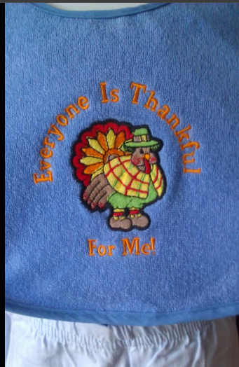 A blue towel that says everyone is thankful for me