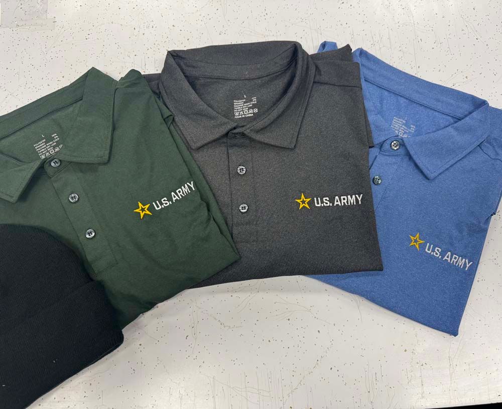 Polo shirts with black, green, gray, and blue, with the US Army logo on the left chest.