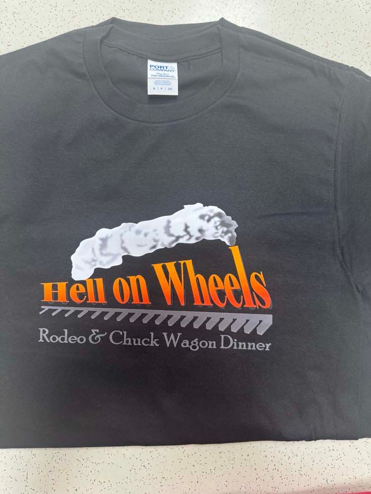 Black t-shirt with Hell on Wheels logo.