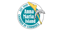 Anna Maria Island Chamber of Commerce logo with a yellow-and-blue dolphin and palm tree, est. 1949