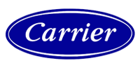 Carrier logo in white script on a blue oval background