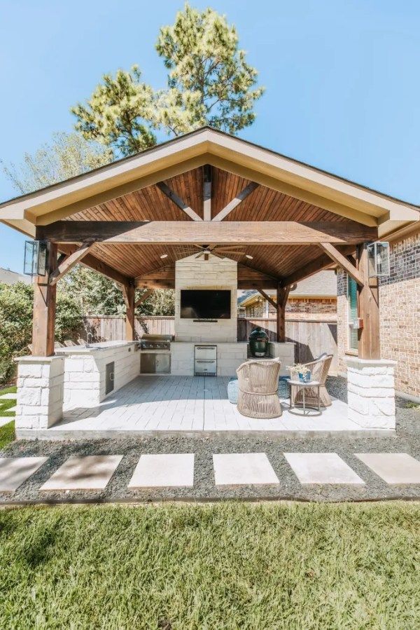 Outdoor covered patio with wooden beams, TV, grill, seating, and stone fire pit in a backyard