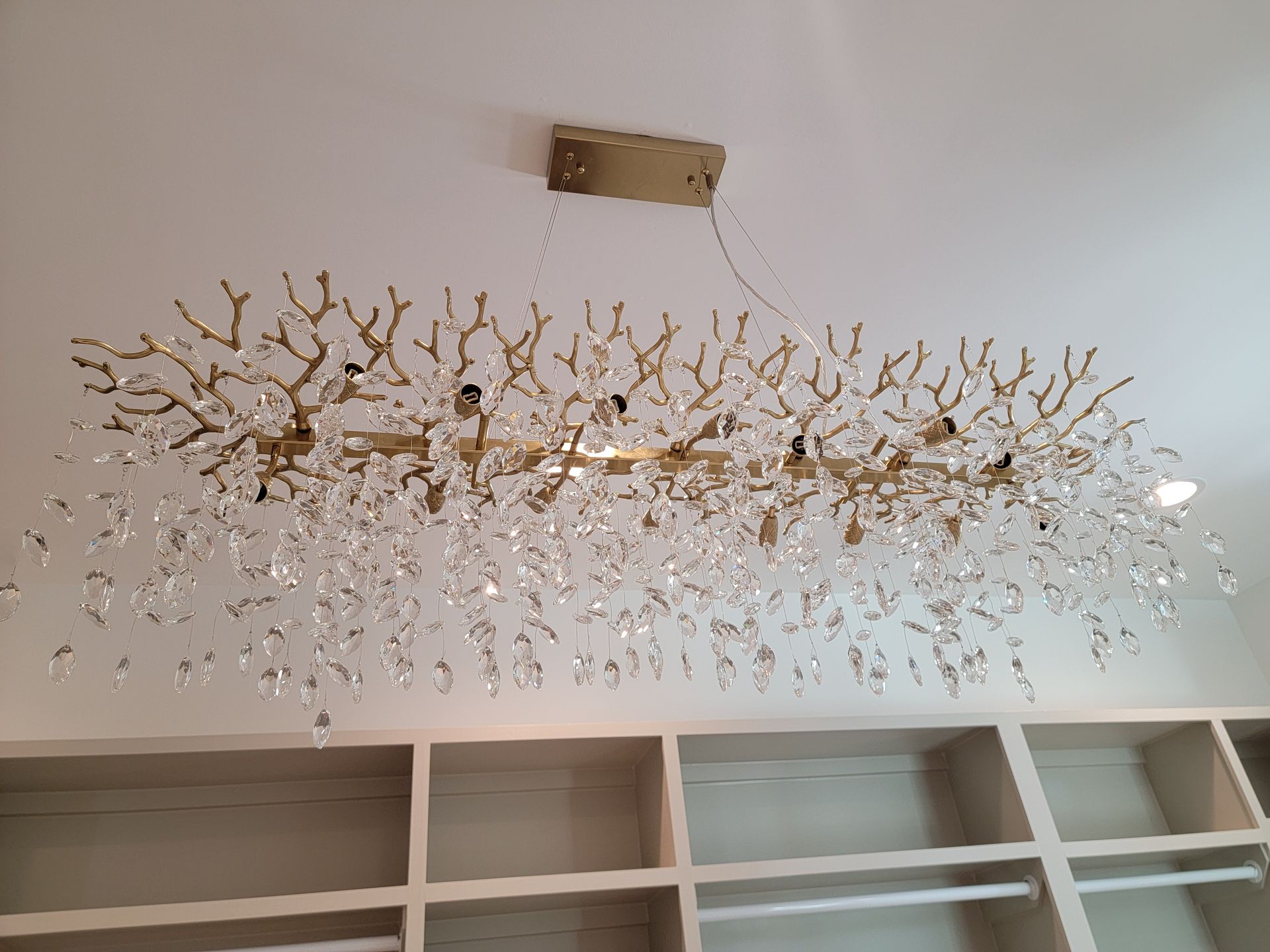 Gold and crystal chandelier hangs over built-in, white shelves.