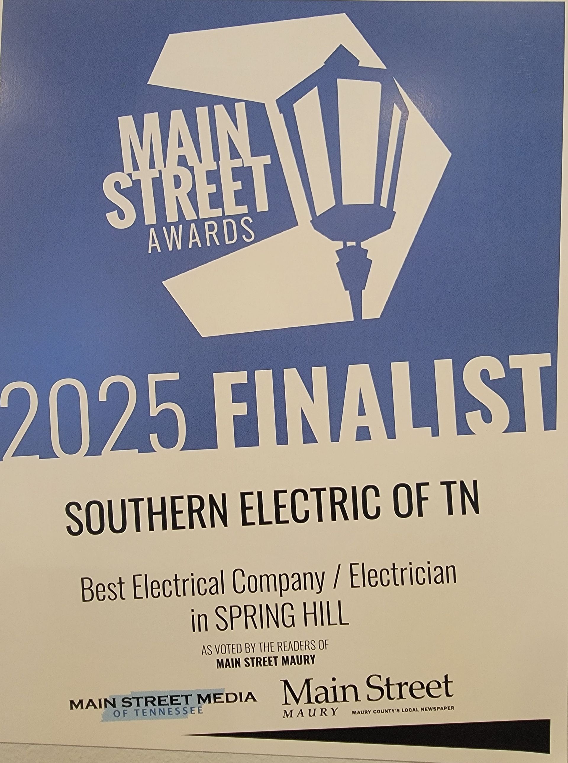 Award certificate for Southern Electric of TN, 2025 Finalist, for Best Electrical Company in Spring Hill.