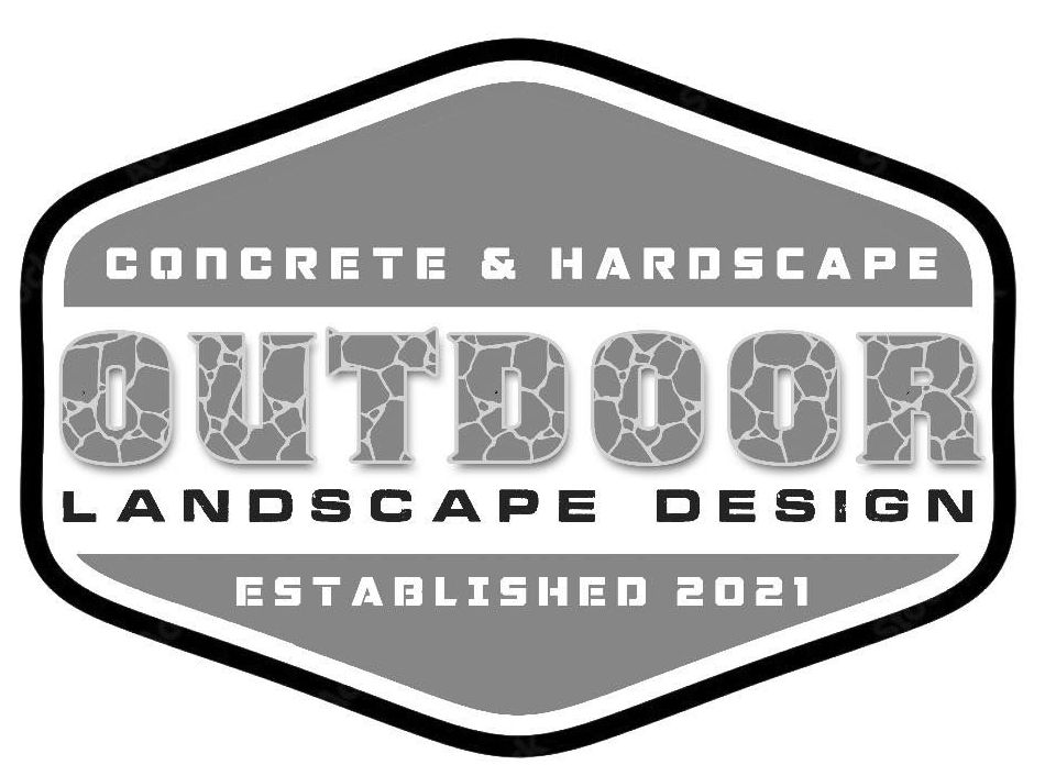 A black and white logo for concrete and hardscape outdoor landscape design established in 2021.