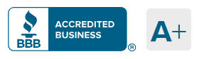 A blue and white badge that says accredited business a+