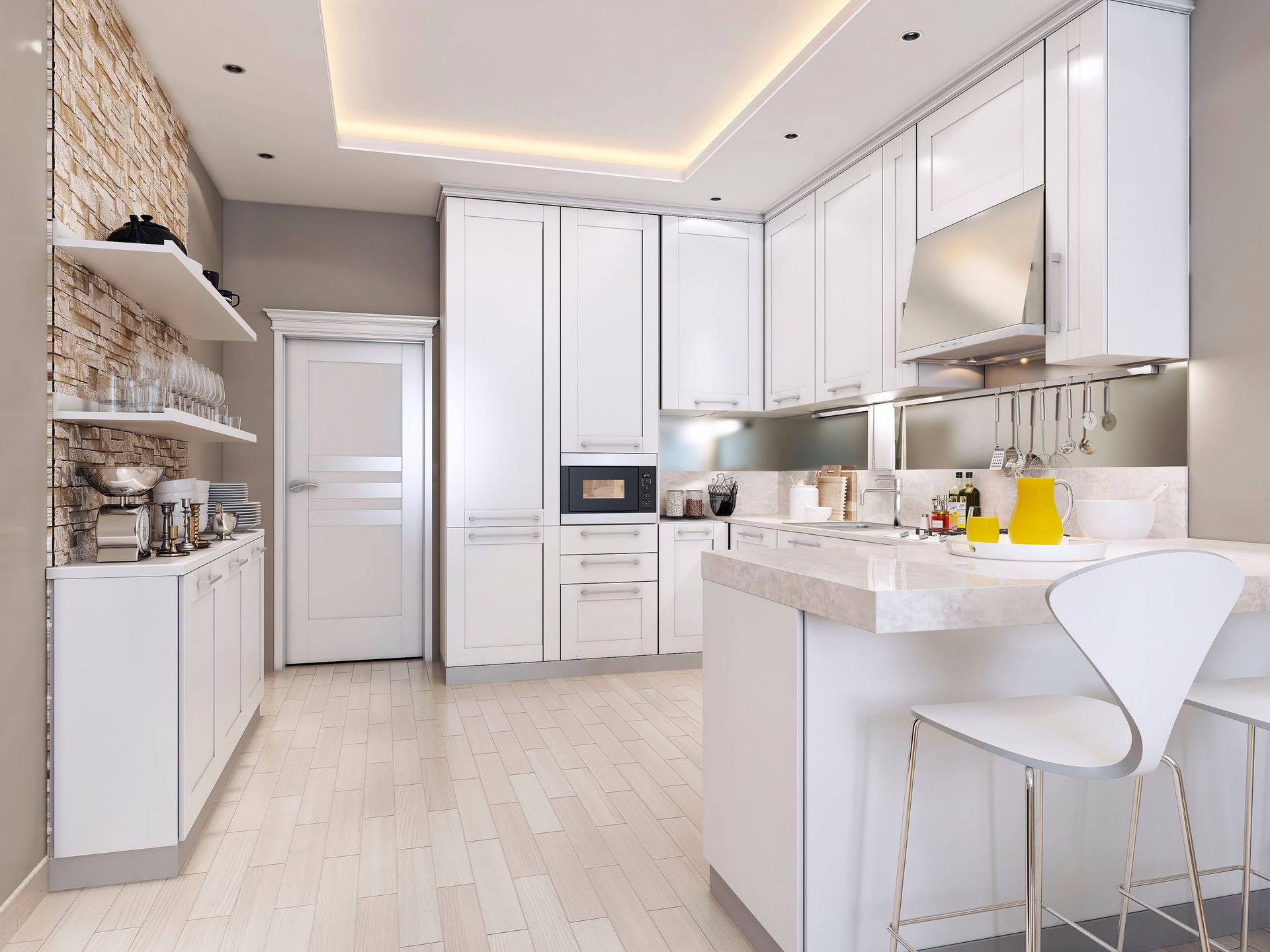 Bright white modern kitchen with marble island, built-in cabinets, and wood floor