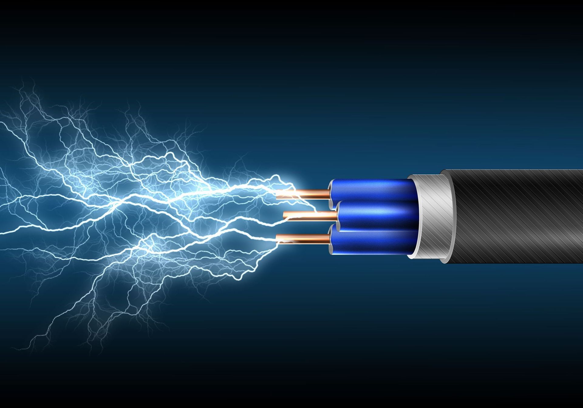 Blue electrical cable with exposed copper wires emitting sparks