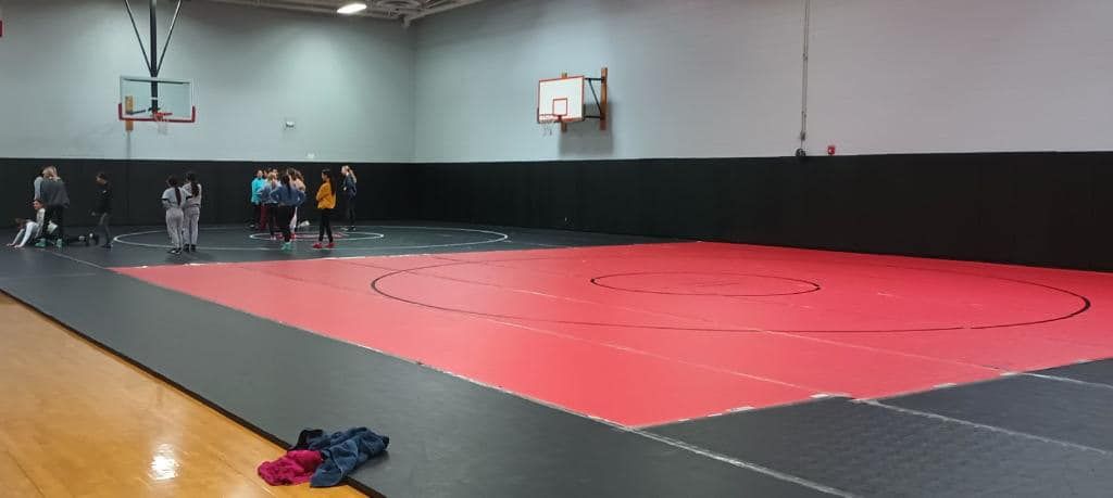 People standing on a wrestling mat in a gymnasium. Basketball hoops and mats are visible.