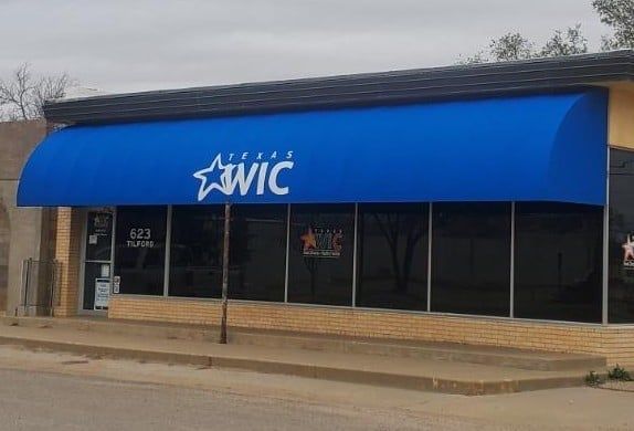 Blue awning with white 