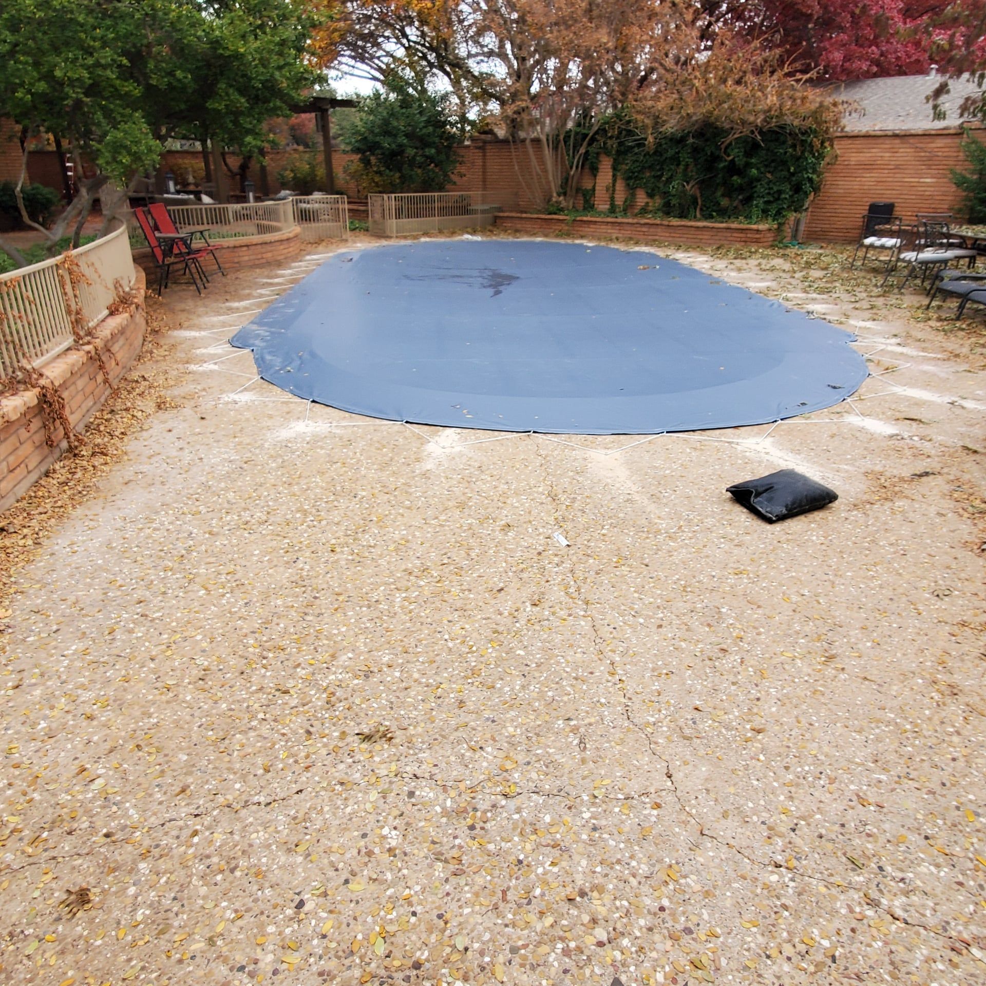A pool covered in blue tarp, surrounded by a concrete patio scattered with leaves.
