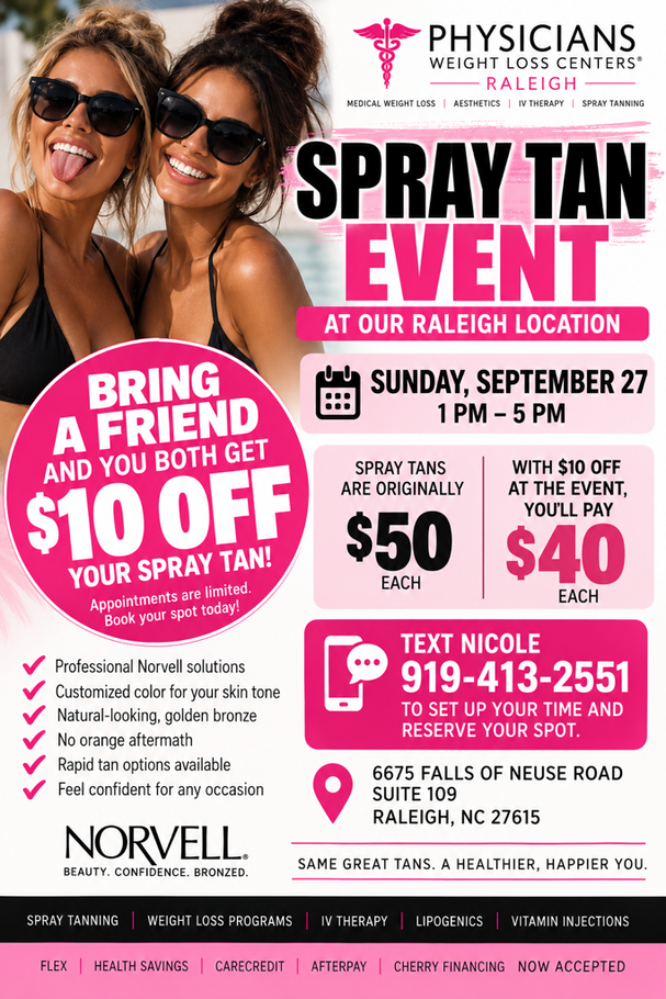 Pink and white flyer for a spray tan event with pricing, date, phone number, and location details