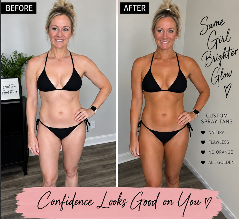 Before-and-after fitness photo of a woman in a black bikini, with “Confidence looks good on you” text.