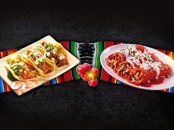 Tacos and enchiladas on plates