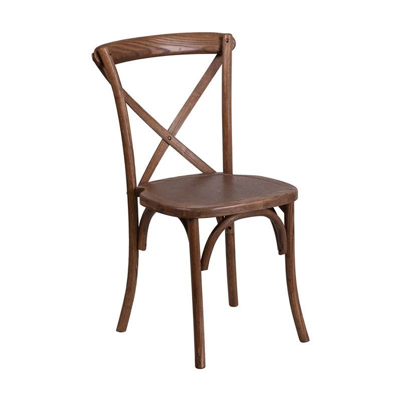 Brown wooden chair with an X-shaped back.