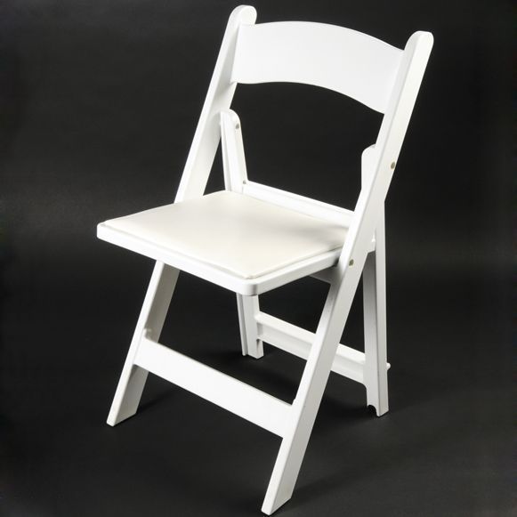 White folding chair with a white padded seat, against a black background.