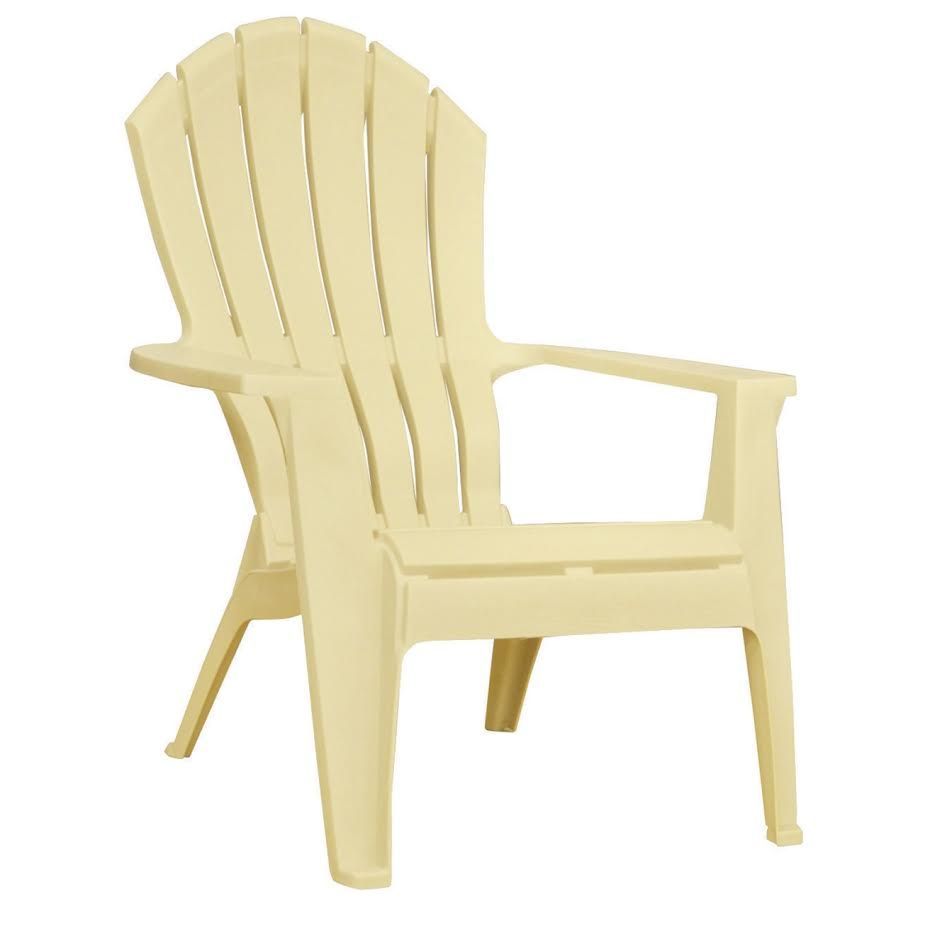 Beige plastic Adirondack chair with slatted back and armrests.