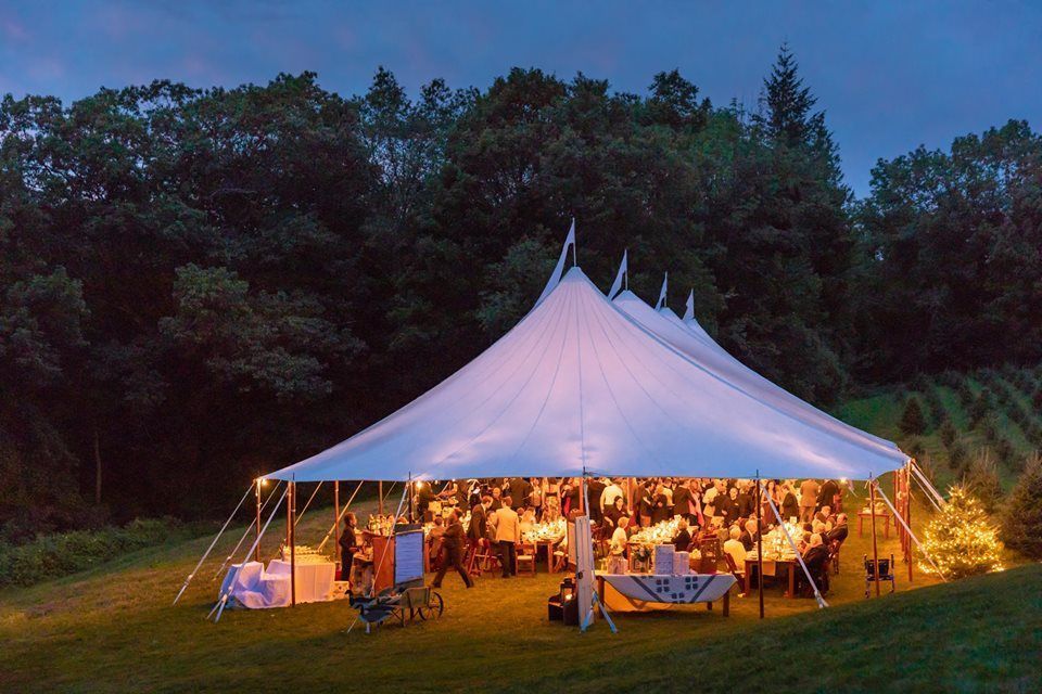 White tent illuminated at night; guests dining inside. Set on a grassy lawn with trees in the background.