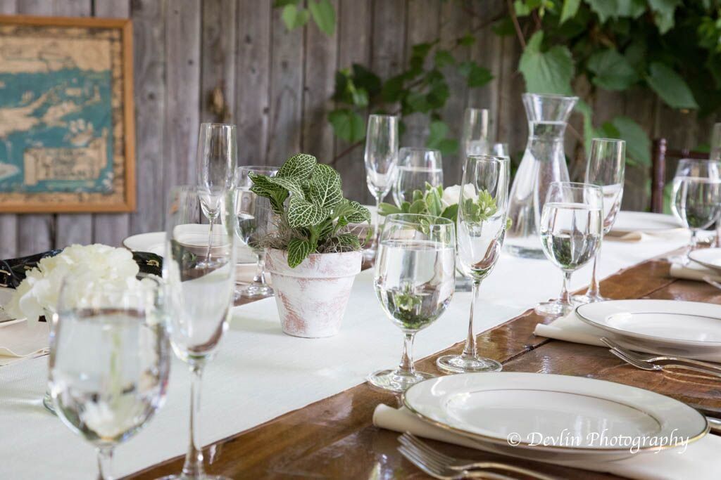 Table setting outdoors with glassware, white plates, and a decorative plant. Wooden wall background.