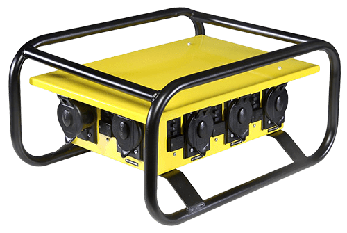 Yellow portable generator in a black tubular frame, shown from the side.