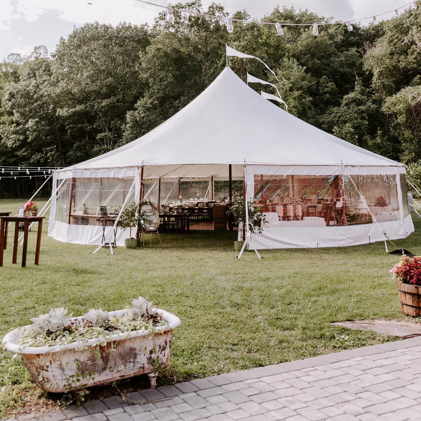 White tent with clear side panels set up on a grassy lawn; a bathtub planter is in the foreground.