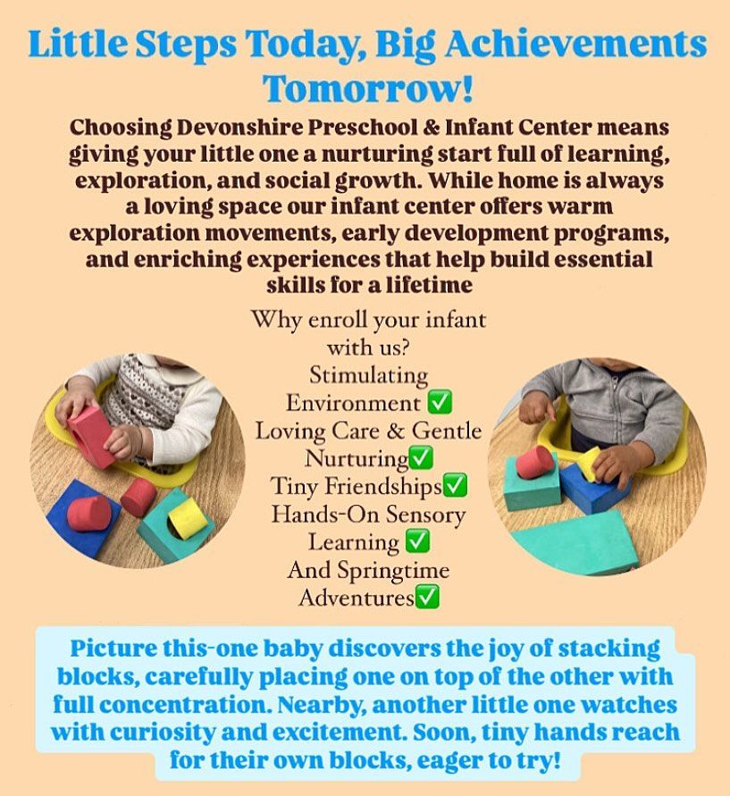 A flyer for Devonshire Preschool & Infant Center highlighting developmental programs with images of infants stacking blocks.