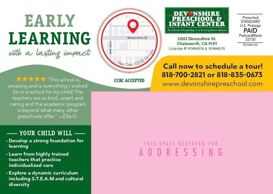 Direct mailer for Devonshire Preschool and Infant Center