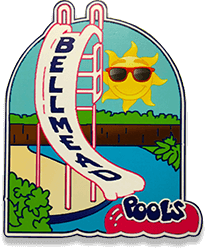 A cartoon illustration of a pool with a slide and a sun wearing sunglasses.